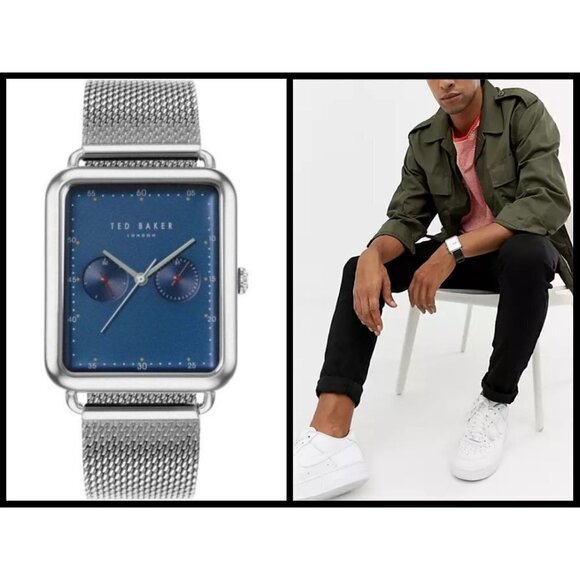 💕TED BAKER LONDON💕 Issaac Rectangular Mesh Watch Silver Blue Face Plate NWT - Picture 1 of 12